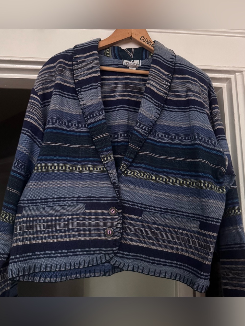 Vintage  62 east tribal western blue white woven Aztec striped jacket size large